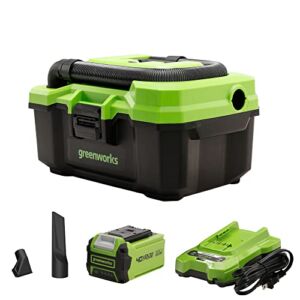 Greenworks 40V 3-Gallon Wet / Dry Shop Vacuum, with Attachments, Blower Port Function,  2Ah USB Battery and Charger Included