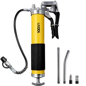 UTOOL Grease Gun, 7000 PSI Heavy Duty Pistol Grip Grease Gun Set with 14 oz Load, 18 Inch Spring Flex Hose, 2 Working Coupler, 2 Extension Rigid Pipe and 1 Sharp Type Nozzle Included, Yellow