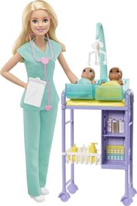 Barbie Baby Doctor Playset with Blonde Doll, 2 Infant Dolls, Exam Table and Accessories, Stethoscope, Chart and Mobile for Ages 3 and Up