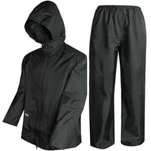 Rain Suits for men women Waterproof Jacket with Pants 3-Pieces Raincoat Hooded(Medium, Dark Green)