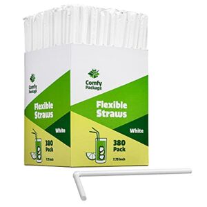 [380 Pack] Individually Wrapped Disposable Plastic Flexible Drinking Straws – BPA Free – White