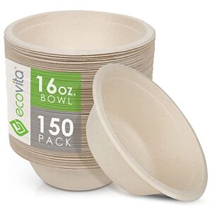 100% Compostable Paper Bowls [16 oz.] – 150 Disposable Bowls Eco Friendly Sturdy Tree Free Liquid and Heat Resistant Alternative to Plastic or Paper Bowls by Ecovita