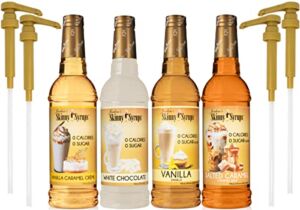 Jordan’s Skinny Syrups Sugar Free 4 Flavor Variety 1 of each 750 ml Bottle with By The Cup Coffee Syrup Pumps
