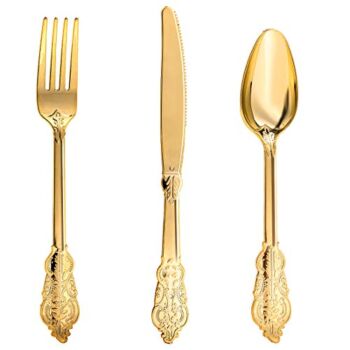 N9R 300pcs Gold Plastic Silverware Dinnerware Flatware- Heavyweight Gold Plastic Cutlery Set, 100 Gold Forks, 100 Gold Spoons, 100 Gold Knives, Gold Utensils for Party, Wedding,Birthday | The Storepaperoomates Retail Market - Fast Affordable Shopping
