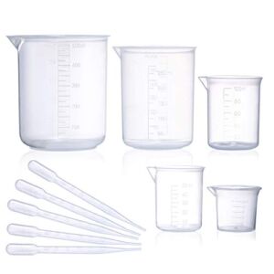 Plastic Beaker Set, 5 Sizes Low Form Measuring Graduated Griffin Polypropylene Beakers in 500 ml, 250 ml, 100 ml, 50 ml, 25 ml for Laboratory, & Science Experiments with 5 Plastic Droppers in 3 ml