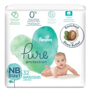 Diapers Newborn/Size 1 (8-14 lb), 32 Count – Pampers Pure Protection Disposable Baby Diapers, Hypoallergenic and Unscented Protection, Jumbo Pack (Packaging & Prints May Vary)