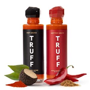 TRUFF Original and Hotter Black Truffle Hot Sauce 2-Pack Bundle, Gourmet Hot Sauce Set, Black Truffle and Chili Peppers, Gift Idea for the Hot Sauce Fans, An Ultra Unique Flavor Experience (6 oz, 2 count with Premium Box)