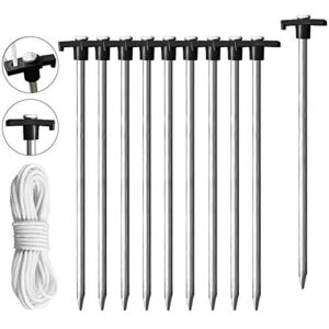 Eurmax USA Galvanized Non-Rust Camping Family Tent Pop Up Tent Stakes Ice Tools Heavy Duty 10pc-Pack, with 4x10ft Ropes & 1 Stopper, Black