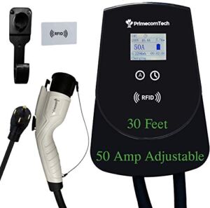 PRIMECOMTECH 50, 48, 40, 32Amps Level-2 Adjustable EV Wall Charger Station 220 Volt Compatible for Tesla Y, Volkswagen ID-4, Mustang Mach-E, Ford F150, Audi E-Tron Electric, Toyota RAV4 30Feet Length