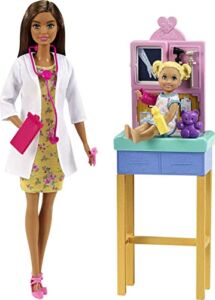Barbie Pediatrician Playset, Brunette Doll (12-in), Exam Table, X-ray, Stethoscope, Tool, Clip Board, Patient Doll, Teddy Bear, Great Gift for Ages 3 Years Old & Up , White