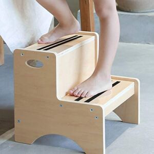 HAJACK Step Stool for Kids, Wood Two Step Children’s Stool with Bonus Safety Non-Slip Mats and Handles, Bathroom Potty Stool& Kitchen Step Stool for Home Use (Natural)