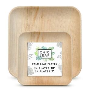 Chic Leaf Palm Leaf Plates Disposable Bamboo Plates Like 10 Inch & 7 Inch Square Party Pack (48 Pc) Compostable and Biodegradable – Better than Plastic and Paper Plates
