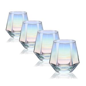 Stemless Wine Glass Set Of 4(10 Oz),Iridescent Glassware For Gift ,Modern Rainbow Wine Glass For Serving White Wine, Red Wine, Cocktail, Whiskey, Bourbon, Cool Water CUKBLESS