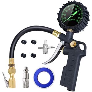 AstroAI Tire Inflator with Pressure Gauge, 100 PSI Air Chuck and Compressor Accessories Heavy Duty with Large 2.5″ Easy Read Glow Dial, Durable Rubber Hose and Quick Connect Coupler