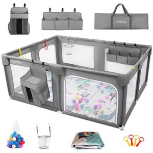 Baby Playpen Set(Grey 75”×59”), playpen for Babies and Toddlers, Portable Extra Large Baby Fence Area with Anti-Slip Base, Safety Play Center Yard Home Indoor & Outdoor with Play Mat