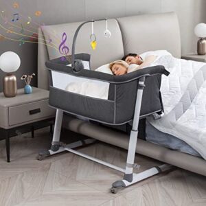 Baby Bassinet, Yacul Bedside Crib Sleeper with Wheels and Music Box, Height Adjustable fit for Bed Height 19″ – 26.5″, Portable, Dark Gray