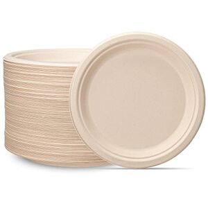 100% Compostable 9 Inch Heavy-Duty Paper Plates [125 Pack] Eco-Friendly Disposable Sugarcane Plates – Brown Unbleached