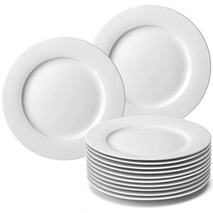 amHomel 12-Piece White Porcelain Dinner Plates, Round Dessert or Salad Plate, Serving Dishes, Dinnerware Sets, Scratch Resistant, Lead-Free, Microwave, Oven, and Dishwasher Safe (10.5-inch)