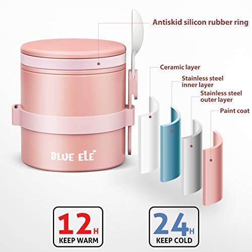 BLUE ELE Leakproof, Vacuum Insulated Thermos Hot Lunch Containers with Ceramic-Coated Stainless Steel, Easy Grip Lid, and Folding Spoon, 13.5oz, Carnation Pink | The Storepaperoomates Retail Market - Fast Affordable Shopping