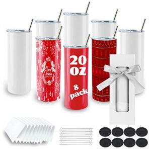 8 Pack Sublimation Tumblers bulk 20 oz Skinny,Stainless Steel Double Wall Insulated Straight Sublimation Tumbler Cups Blank White with Lid, Straw, Individually Boxed,Polymer Coating for Heat Transfer