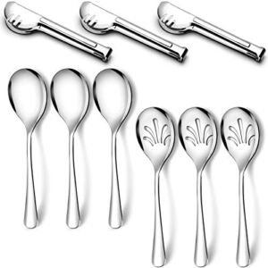 Stainless Steel Metal Serving Utensils – Large Set of 9-10″ Spoons, 10″ Slotted Spoons, and 9″ Tongs by Teivio