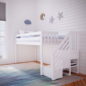 Max & Lily Low Loft Bed, Twin Bed Frame For Kids With Stairs, White