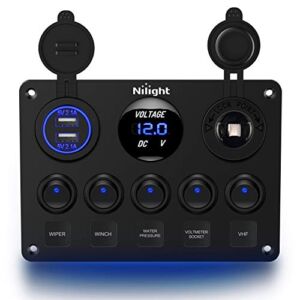 Nilight 90101E 5Gang Multi-Function 5 Gang Rocker Dual USB Charger + Digital Volmeter +12V Outlet Pre-Wired Switch Panel with Circuit Breakers for RV Car Boat Truck Trailer,2 Years Warranty