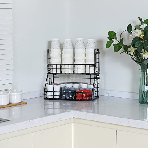 Stackable Cup Lid Dispenser and Coffee Condiment Organizer with 2 Removable Dividers, Wall Mount&Metal Wire Basket Storage for Coffee Tea Bag Snack,Stand Rack Holder for Breakroom Office | The Storepaperoomates Retail Market - Fast Affordable Shopping