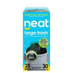 Neat Tall Kitchen 30 Gallon Drawstring Trash Bags – (25 COUNT) – Triple Ply Fortified, Eco-Friendly 50% Recycled Material, Neutralize+ Odor Technology, Reversible Black and White Garbage Bags