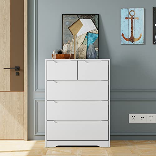 HOSTACK Modern 5 Drawer Dresser, Chest of Drawers with Storage, Wood Clothing Organizer with Cut-Out Handles, Accent Storage Cabinet for Living Room, Bedroom, Hallway, White | The Storepaperoomates Retail Market - Fast Affordable Shopping