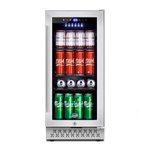TYLZA 15 Inch Beverage Refrigerator, 130 Cans Quiet Beverage Fridge, 15” Beverage Cooler Under Counter with Glass Door for Built-in or Freestanding With Temperature Memory Function TYBC100