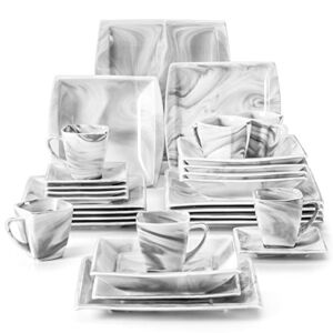 MALACASA Square Dinnerware Sets, 30 Piece Marble Grey Dish Set for 6, Porcelain Dishes Dinner Set with Plates and Bowls, Cups and Saucers, Dinnerware Plate Set Microwave Safe, Series Blance