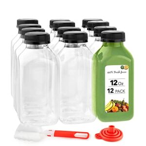 12 oz Juice Bottles with Caps for Juicing (12 pack) – Reusable Clear Empty Plastic Bottles – 12 Oz Drink Containers for Mini Fridge, Juicer Shots – Mini Water Bottles – Includes Labels, Brush & Funnel