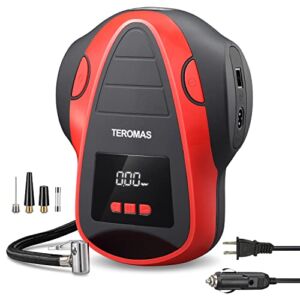 TEROMAS Tire Inflator Air Compressor, Portable DC/AC Air Pump for Car Tires 12V DC and Other Inflatables at Home 110V AC, Digital Electric Tire Pump with Pressure Gauge (Red)
