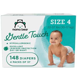 Amazon Brand – Mama Bear Gentle Touch Diapers, Hypoallergenic, Size 4, 148 Count (4 packs of 37)