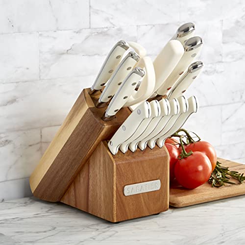 Sabatier 15-Piece Forged Triple Rivet Knife Block Set, High-Carbon Stainless Steel Kitchen Knives, Razor-Sharp Knife set with Acacia Wood Block, White Handles | The Storepaperoomates Retail Market - Fast Affordable Shopping