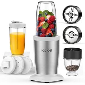 KOIOS PRO 850W Bullet Personal Blender for Shakes and Smoothies, Protein Drinks, 11 Pieces Set Blender for Kitchen Baby Food with Ultra Smooth 6-Edge Blade, Coffee Grinder for Beans, Nuts, Spices, 2×17 Oz + 10 Oz Large & Small To-Go Cups, 2 Spout Drinking