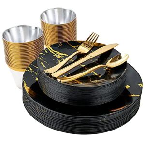 JOLLY PARTY 180PCS Disposable Dinnerware Set 30 Guest – 60 Black And Gold Plastic Plates – 30 Plastic Silverware – 30 Plastic Cups, Marble Design Disposable Plastic Dinnerware For Weddings, Halloween