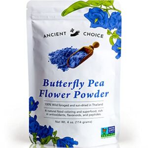 Ancient Choice – Butterfly Pea Flower Powder (4 ounce) | Blue Matcha Tea | Ceremonial (Highest) Grade | Adaptogenic Raw Culinary | Natural Food Coloring | Thai Non-GMO | Vegan