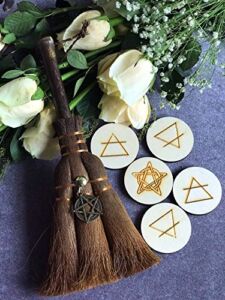 OKDOKEY 9.4″ Witch Altar Broom & Four Elements and Pentacle Wood Runes Set | Miniature Pentagram Wicca Brush | Handmade Mane Broomstick for Majic Ceremonial, Halloween Broom, Wiccan Ritual Broom