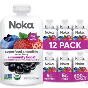 Noka Immune Support Fruit Smoothie Pouches, Healthy Snacks (Super Berry) 12 Pack, Vegan, Gluten-Free, with Flax Seed & Plant Protein, Vitamin C, D & B12, Elderberry, Zinc, Organic, 4.22oz