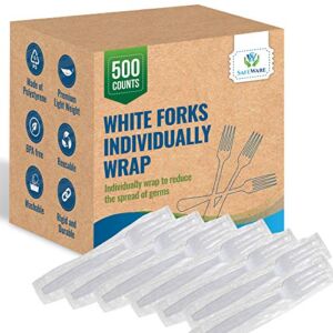 Safeware (500 Pcs) -Individually Wrapped White Medium Weight Plastic Fork – Ideal for Party, BBQ, Picnic, Home, Office, Restaurant Use.