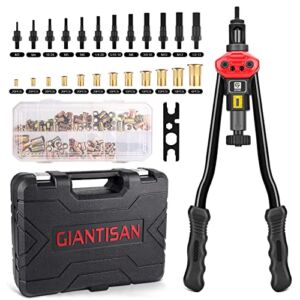 Rivet Nut Tool, GIANTISAN 16-Inch Rivnut Tool Kit with 12 Metric and SAE Mandrels, Nutsert Rivet Tool Set with 176Pcs Assorted Rivnuts, Threaded Insert Hand Riveter with Rugged Carrying Case