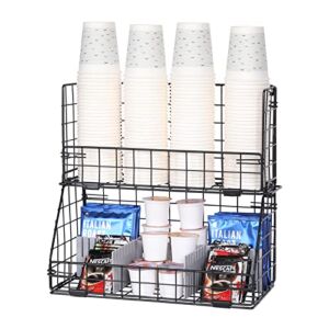 Stackable Cup Lid Dispenser and Coffee Condiment Organizer with 2 Removable Dividers, Wall Mount&Metal Wire Basket Storage for Coffee Tea Bag Snack,Stand Rack Holder for Breakroom Office