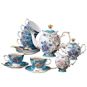 ACMLIFE Bone China Coffee Tea Sets, 21-Piece Porcelain Tea Cup Set, Tea Cup and Saucer Set Service for 6 with 34 Ounces Teapot,Sugar Bowl,Creamer Pitcher and Teaspoons