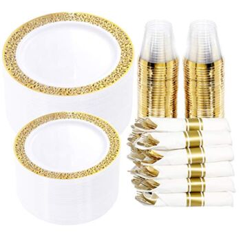 WELLIFE 350 Pieces Gold Plastic Dinnerware,Disposable Gold Lace Plates, Include:50 Dinner Plates,50 Dessert Plates, 50 Pre Rolled Napkins with Gold Silverware and 50 Cups | The Storepaperoomates Retail Market - Fast Affordable Shopping