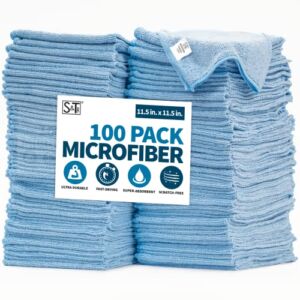 S&T INC. Microfiber Cleaning Cloths Reusable and Lint-Free Towels for Home, Kitchen and Auto, 11.5″ x 11.5″, 100 Pack, Light Blue