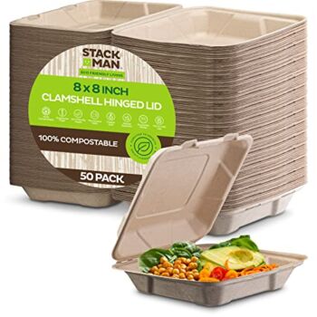 100% Compostable Clamshell Take Out Food Containers [8X8″ 50-Pack] Heavy-Duty Quality to go Containers, Natural Disposable Bagasse, Eco-Friendly Biodegradable Made of Sugar Cane Fibers | The Storepaperoomates Retail Market - Fast Affordable Shopping