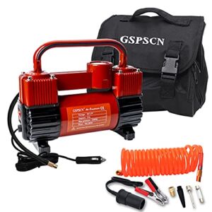 GSPSCN Red Tire Inflator Heavy Duty Double Cylinders, Portable Metal DC 12V Air Compressor, 150PSI Tire Pump with Adapter for Car, Truck, SUV Tires, Dinghy, Air Bed etc