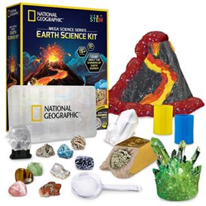 NATIONAL GEOGRAPHIC Earth Science Kit – Over 15 Science Experiments & STEM Activities for Kids, Crystal Growing, Erupting Volcanos, 2 Dig Kits & 10 Genuine Specimens, a Great STEM Science Kit